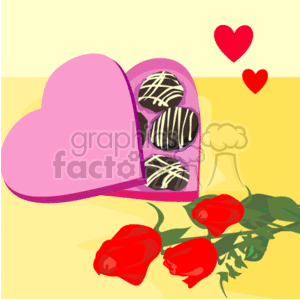 The clipart image features a heart-shaped pink box filled with chocolates, three red roses lying beside the box, and two small red hearts floating in the background. The scene suggests a Valentine's Day theme with traditional romantic gifts such as flowers and sweets.