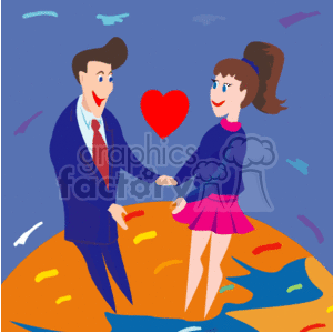 This clipart image features a stylized depiction of a couple appearing to be in a cheerful and loving mood, standing on what looks like an abstract, colorful ground, possibly meant to suggest a sense of whimsy or fantasy. The man is wearing a blue suit, and the woman is dressed in a skirt and sweater. They are holding hands, and there is a sizable red heart floating between them, signifying love. Both individuals are smiling, reinforcing the theme of happiness and affection. The image conveys a sense of togetherness and celebration of Valentine's Day or a related romantic occasion.