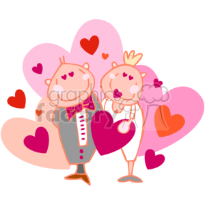 The clipart image depicts a cartoon-style couple surrounded by hearts, which is suggestive of a romantic theme. The couple appears to be dressed in formal attire with the character on the left wearing a suit and bow tie, and the character on the right wearing a dress and a small crown or tiara on their head, indicating a princess-like appearance. Both characters are smiling, have hearts as cheeks, and the background is filled with various-sized hearts, evoking sentiments of love and affection, commonly associated with Valentine's Day.