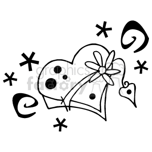 The clipart image features a stylistic representation of romantic symbols associated with Valentine's Day. There is a large heart decorated with dots and tied with a ribbon, accompanied by a smaller heart with a tag. Both are adorned by an elegant flower. Additionally, the surrounding space is filled with decorative elements such as swirls, stars, and what appear to be abstract flower petals or dots, creating a festive and whimsical atmosphere.