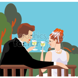 This clipart image features a bride and groom in a wedding setting. The bride is dressed in a white bridal gown with a hair accessory and pearl necklace, and the groom is wearing a classic black suit with a bow tie. Both are seated at a wooden balcony or patio, toasting with glasses of what appears to be champagne. The background suggests an outdoor setting with trees and a blue sky.