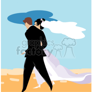 In the clipart image, there is an illustration of a bride and groom on their wedding day. The groom is depicted wearing a black suit, and the bride is in a white wedding gown with a long veil flowing behind her. They are standing against a backdrop with a blue sky above and what could be interpreted as sand below, suggesting a beach setting. The couple appears to be walking forward, with the groom leading and the bride following closely behind, looking over his shoulder.