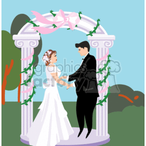 The clipart image depicts a bride and groom standing under a decorative wedding arch. The arch is adorned with pink bows and greenery. The bride is wearing a white wedding gown with a veil and the groom is in a black suit. They are holding hands and looking into each other's eyes. The background suggests an outdoor setting with a hint of green foliage and a blue sky.