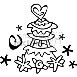 The clipart image depicts a stylized three-tier wedding cake with a love heart on top. Surrounding the cake are decorative elements that may represent sparkles or confetti, suggesting a celebratory atmosphere typically associated with weddings.