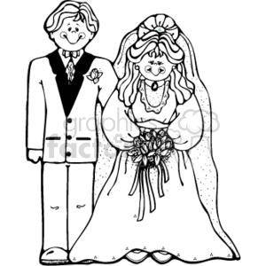 The clipart image depicts a bride and groom standing side by side. The groom is dressed in a formal suit with a boutonniere, and the bride is wearing a country-style wedding dress, complete with a veil and holding a bouquet of flowers. Both the bride and groom are smiling, and the image conveys a sense of marriage celebration and love.