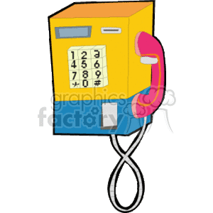 The clipart image features a coin-operated payphone. This is an old-fashioned telephone designed for public use where coins are inserted to make a call. It has a numeric keypad for dialing, a coin slot, and a compartment for coin return. The handset is connected to the body of the phone by a cord.