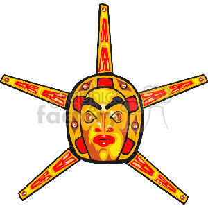 The image displays a colorful clipart representation of a traditional Chinese mask, which appears to be designed with a combination of yellow, red, and black colors. The mask features a human-like face with stylized facial features and is surrounded by patterned rays or beams extending outward, giving the appearance of a sun or a starburst effect. These rays are adorned with what seem to be traditional Chinese patterns or symbols.