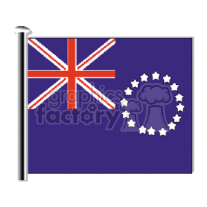 The image is a clipart representation of the flag of the Cook Islands. It features a blue field with the Union Jack in the canton and a ring of fifteen white stars in the fly.