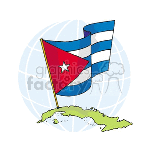 The clipart image displays a stylized version of the Cuban flag with a red triangle and a single white star on the left side and alternating stripes of blue and white on the right side. The flag is proudly erect and waving as if in the breeze. In the background, a simplistic globe is partially visible, which emphasizes the international context of the flag. Below the flag, a green outline represents the island of Cuba.