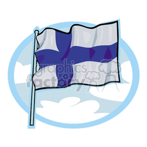 The image is a stylized illustration of the flag of Finland, depicted as waving in the air with a blue Nordic cross on a white background. The background of the image features a circular frame with a suggestion of sky and clouds.