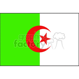 The image is a clipart representation of the flag of Algeria. It features two vertical halves, with the left side in green and the right side in white. In the center, there is a red crescent surrounding a red five-pointed star.