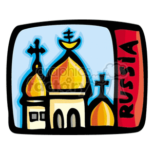 This clipart image features a stylized illustration that appears to depict a Russian Orthodox church, with onion domes and crosses atop. The church is drawn in a simplistic and cartoonish manner. To the right side of the image, there is a vertical red banner with the word RUSSIA written in white capital letters, suggesting that the image relates to Russian cultural or national themes. There's no actual flag visible in the image, but the color scheme and context imply association with the Russian flag colors.