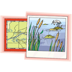 The clipart image features two framed pictures. The left frame contains a map with yellow and red colors highlighting routes or regions, and blue lines that may represent waterways. The right frame depicts a swamp or wetland scene with water, reeds, cattails, a small island with a single white bird, and two frogs—one submerged with only its eyes visible above the water, and the other sitting on a lily pad.