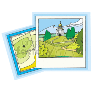 The clipart image shows two overlapped images/pictures. The bottom picture appears to be a simple map with a notable landmark marked by an X. The top picture depicts a landscape scene with a religious building that could be a church, recognizable by its dome and cross atop, situated on a hill or mountainside with a winding pathway leading up to it. There are trees and a blue sky with white clouds in the background.