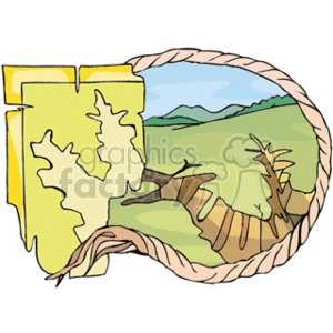 The clipart image depicts a stylized representation of an earthquake affecting both a map and a landscape. The map is shown on the left in yellow with lines that may represent regional borders or fault lines. There's a visible crack running through it, suggesting seismic activity. The right side of the image gives a more realistic portrayal of a landscape with rolling green hills and a prominent fissure or crack in the ground, which is a common visual indicator of an earthquake. The crack extends from the map onto the landscape, tying the two concepts together — the scientific representation through maps and the physical manifestation in the natural environment.