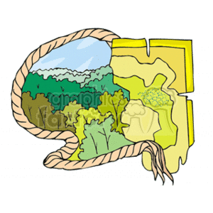 The clipart image shows a stylized portion of a map unfolding with a forest scene on it. The map features trees of different colors illustrating a forested area with a clear distinction between the map segment and the illustrated natural scene. The colors used in the map segment suggest different terrains or elevation, such as green for lower elevations or forested areas and yellow for higher elevations or open land.