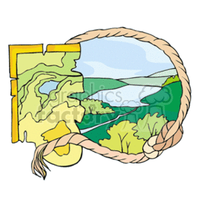 The clipart image features a stylized representation of a topographic map adjacent to a circular landscape scene. The map portion shows contour lines typically used to indicate elevation on topographic maps. The landscape scene within a circular, rope-bound frame depicts a lake, green land areas which may represent hills or forests, and a blue sky.