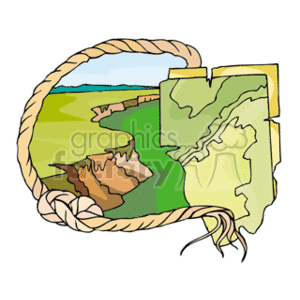 The clipart image depicts two maps bound together with a rope. These maps appear to show topographical features, including a cliff edge or ravine. The landscape includes green areas that could indicate grasslands or forested regions, and brown areas that suggest a mountain or canyon. There's a hint of a blue sky on the top left corner, which might indicate that one of the maps is showing an outdoor scene. The maps have a three-dimensional effect, as if they are floating or standing upright.