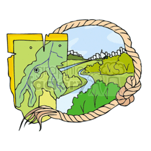 The clipart image depicts two maps side by side with different presentations of the same scene. On the left, there is a stylized map showing land areas in yellow and a river system in blue with branching tributaries. On the right is an illustrative view framed by a nautical rope border, showing a more realistic depiction of a river landscape with greenery, trees, and a city skyline in the background.