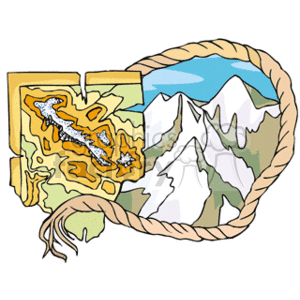 The clipart image features a stylized representation of a paper map with various geographical features. There are colorful topographical elements indicating different elevations, with orange and yellow tones probably representing lower elevations and green tones for mid-elevations. To the right are illustrated snow-capped mountain peaks, signifying high elevations, typically found in a mountainous region. Above the peaks is a blue area suggesting a body of water like a lake or an ocean. The map and mountains are encircled by a rope, which could symbolize rough terrain or the traditional method of plotting and securing maps. The stylized river or path on the map includes a white squiggly line with a star, perhaps indicating a route or a point of interest.