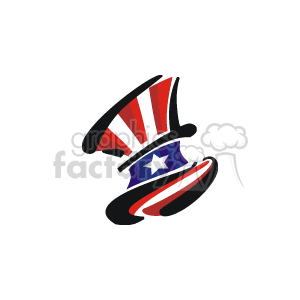 The clipart image features a stylized rendition of Uncle Sam's top hat, which is a symbol of American patriotism and is often associated with American government and international affairs, especially in the context of the United States of America. The hat is depicted with red and white stripes and a blue band with a white star, clearly echoing the colors and elements of the American flag. This kind of image is typically used in relation to American patriotic holidays such as the 4th of July (Independence Day).