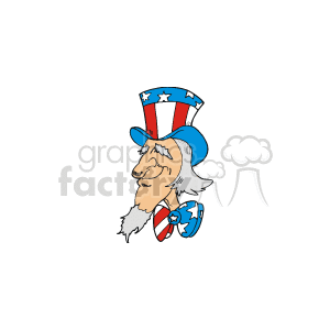 This clipart image features a caricature of Uncle Sam, a personification of the United States government, often associated with patriotism and American pride. Characterized by a tall hat with stars and stripes (red, white, and blue), he is also shown with a white beard and hair, dressed in clothing adorned with American flag motifs.