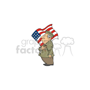 This clipart image depicts a cartoon of a smiling elderly veteran, dressed in a military uniform and proudly holding the American flag. The veteran appears to be standing at attention or saluting, reflecting a patriotic theme, which could be associated with events such as Memorial Day, Veterans Day, or other national ceremonies celebrating American service members.