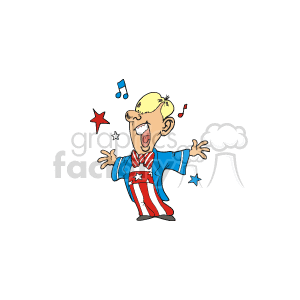 The image contains an animated character of a man or boy singing, dressed in a patriotic-themed outfit that seems to be inspired by the American flag, with red and white stripes and white stars on a blue background. He is depicted with an open mouth, as if he is in mid-song, and there are musical notes to represent singing. The character is also surrounded by small stars and sparkles, emphasizing a celebratory or festive mood.