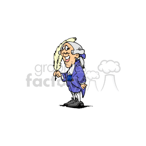 This clipart image features a caricature of a historical American figure traditionally associated with the early presidency, portrayed in an exaggerated and cartoonish style. The figure is wearing a blue colonial-era outfit with a gold trim, a white ruffled shirt, and a tricorn hat. The individual also has white curly hair, resembling the typical powdered wigs of the period. This character could represent a stereotyped or generalized image of early American presidents or founding fathers.