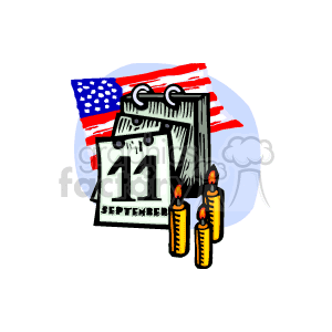 The clipart image includes the following elements:
- A calendar with the date 11 September
- Two lit candles
- An American flag in the background