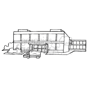 The clipart image depicts a simplified outline of a hospital building with multiple floors and an annex. An ambulance is parked at the entrance, suggesting an emergency or patient drop-off area. There are also a few trees indicating some landscaping around the building.