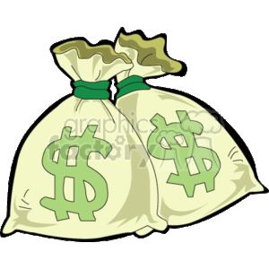 The clipart image depicts two bags of money, illustrated with the symbol of the dollar $ on them. They are tied up at the top, suggesting that they are full of currency. 