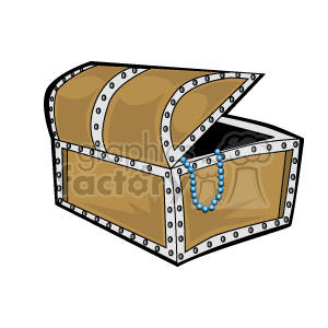 This clipart image depicts an open treasure chest. The chest appears to be made of wood with metal reinforcements and detailing. Draped over the side of the partially open chest is a single strand of bead or pearl necklace, suggesting the chest could contain more treasures.