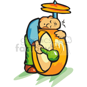 The clipart image depicts a stylized character hugging a drum. The character appears sleepy or affectionate towards the drum. The drum set includes a bass drum with a drumstick, and a cymbal mounted on top of the drum. The character wears a shirt and shoes and exhibits a peaceful, content expression while embracing the drum.