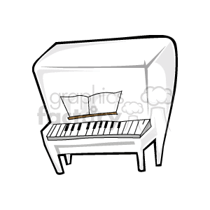 This clipart image depicts a white grand piano with an open music book on its stand. The piano has black and white keys visible, and there seems to be a simplistic design to the artwork, typical of clipart.