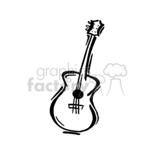 The image shows a simple black and white clipart of an acoustic guitar. The guitar has a classic acoustic body, a sound hole in the center, a bridge, fretboard, headstock, and tuning pegs. The strings are depicted as simple lines running from the bridge to the headstock.