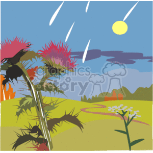 The clipart image depicts a nature scene with a mixture of weather conditions. It includes the following elements:
- Rain: White diagonal lines indicating rainfall.
- Flowers: There are colorful flowers in the foreground, including pinkish flowering plants with thistle-like blossoms and a plant with small white flowers.
- Sun: A yellow sun partially visible in the sky.
- Clouds: Dark clouds suggesting a stormy or rainy weather condition.
- Landscape: A green landscape with a winding path and trees in the background, suggesting a natural outdoors setting.