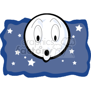 This clipart image features a stylized depiction of a surprised or shocked moon with a face against a dark night sky scattered with stars. The moon's expression is characterized by large eyes and a small o-shaped mouth, suggesting astonishment or amazement.