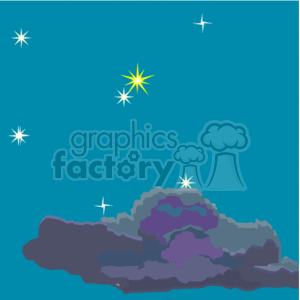 The clipart image shows a night sky with several twinkling stars of varying brightness and sizes. One star in particular stands out with a brighter, yellow hue. There's a significant cloud mass towards the bottom of the image which appears to be dense and dark with multiple shades of blue and purple, suggesting a night sky partially obscured by cloud cover.