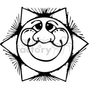 The clipart image shows a stylized sun with a human-like face. The sun has rays emanating from it, suggesting brightness and warmth. The face on the sun features closed, curved eyes, giving the appearance of a content expression, and a wide, circular smile. This representation of the sun could be associated with a happy or cheerful mood, often used to depict sunny weather or to convey a sense of joy related to summer and nature.
