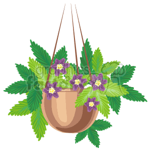 The clipart image features a hanging planter with a variety of flowers and green foliage. The pot appears to be a light brown color and is suspended by ropes or strings, giving the impression that it could hang from a structure such as a porch ceiling or a garden hook.