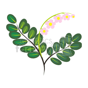 The clipart image displays a stylized branch with green leaves and a sprig of pink flowers with yellow centers. 