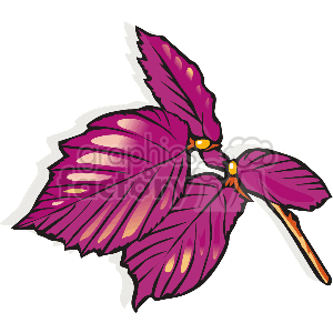 This clipart image features a stylized depiction of purple leaves, likely from a plant or tree, with prominent veins and a small stem. There's a gradient effect on the leaves, shading them with lighter and darker tones of purple, and yellow spots where the leaves meet the stem, suggesting points of attachment.
