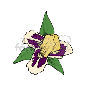 The clipart image depicts a stylized flower with a prominent yellow center and purple and white petals. Surrounding the flower are green leaves.