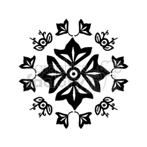 The clipart image features a symmetrical floral design that includes a central flower with multiple layers of petals, surrounded by leaves and smaller flowers with a simplistic, stylized appearance.