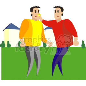 The image appears to be a simplified cartoon-style clipart of two animated male figures in a confrontational pose, indicating that they might be engaged in a conflict or argument. One man, wearing a yellow top and gray trousers, has his hand on the other's shoulder, who is dressed in a red top and blue trousers. Both men have serious expressions that suggest anger or frustration. In the background, there is a rudimentary representation of houses with green bushes, set against a dark sky.