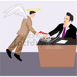 Business man speaking an Angel business man with wings