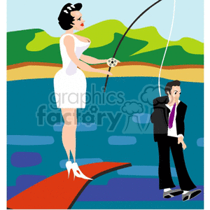 Woman with a fishing pole catching a man
