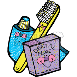 The clipart image contains a toothbrush with bristles at the top, a tube of toothpaste with a little tooth cartoon and a cap on top, and a box of dental floss with a bow and the label WAXED. The items are designed with a playful and colorful style, reminiscent of a country aesthetic.