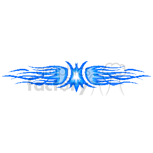 This clipart image features a symmetrical design that resembles stylized flames or tribal tattoo patterns. The design is composed of various shades of blue and creates a mirror image on either side of a vertical axis. The intricate curves and sharp points give the impression of flaming shapes or sweeping wings, designed in a way that could convey a sense of motion or energy.